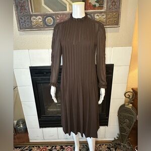 1970S ALBERT NIPON SHEER BROWN PLEATED CREPE DRESS Original Slip Size 4